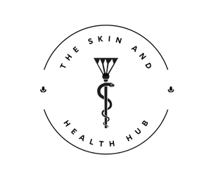 Medical skincare health hub logo with caduceus symbol and diamond in circular design