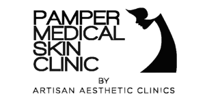 Pamper Medical Skin Clinic black logo with face silhouette, skincare branding