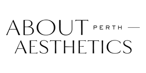 About Perth Aesthetics text in bold black font on white background, beauty skincare focus